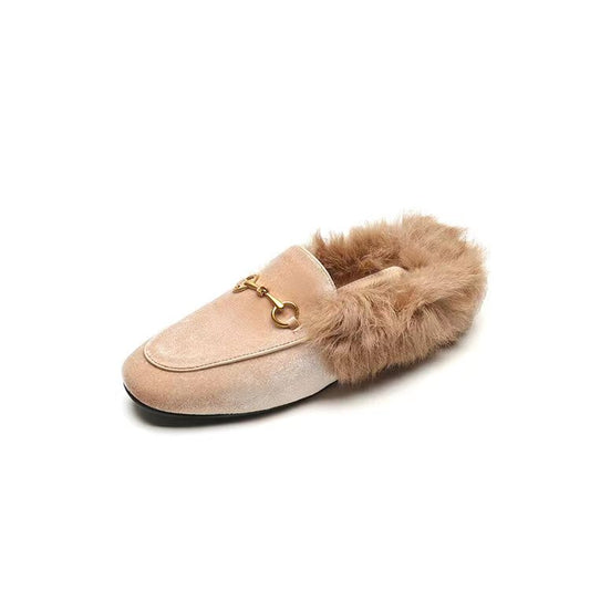 Women's gold velvet rabbit fur slippers